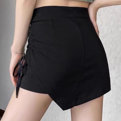 2024 Damen Schwarzer High Waist A-Linien Plissierter Kurzer Rock mit Kordelzug