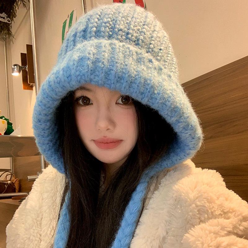 Blue Balaclava Hat Women's Autumn and Winter Warm Ear Protection Knitted Wool Hat Showing a Small Face and Cold-proof Bag Head Hat