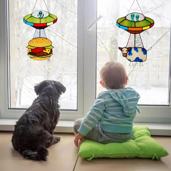 

НЛО Похищение Коровы Подвесное Украшение Домашний Офис Гостиная Крытый Акриловый Витраж НЛО Похищенный Бургер Окно Орнамент Рождественский Подарок