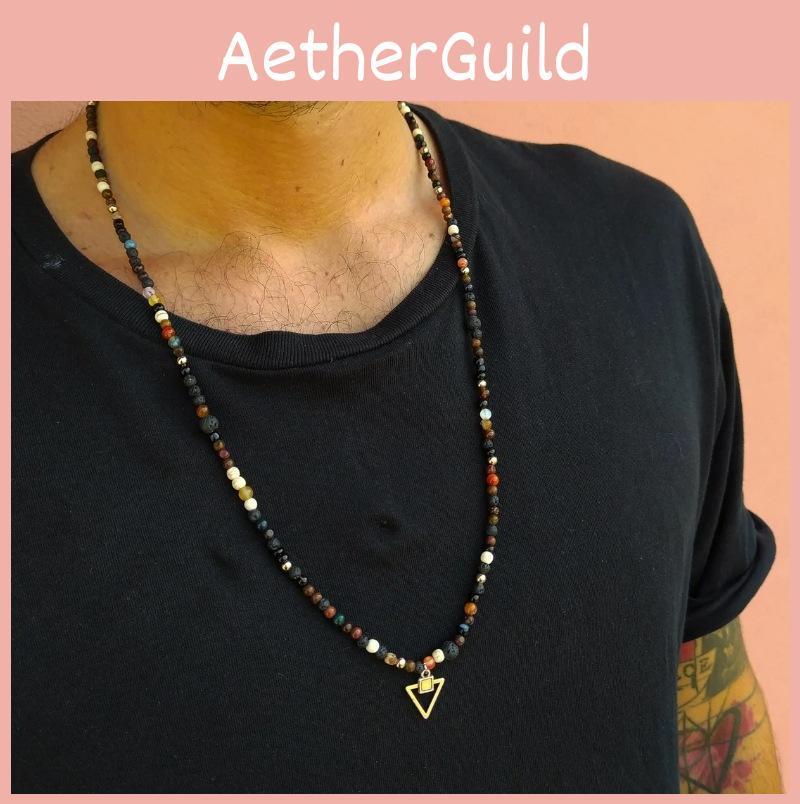 Tribal Pattern Handmade Long Pendant Necklace With Volcano Stone And Glass Beads For Daily Wear