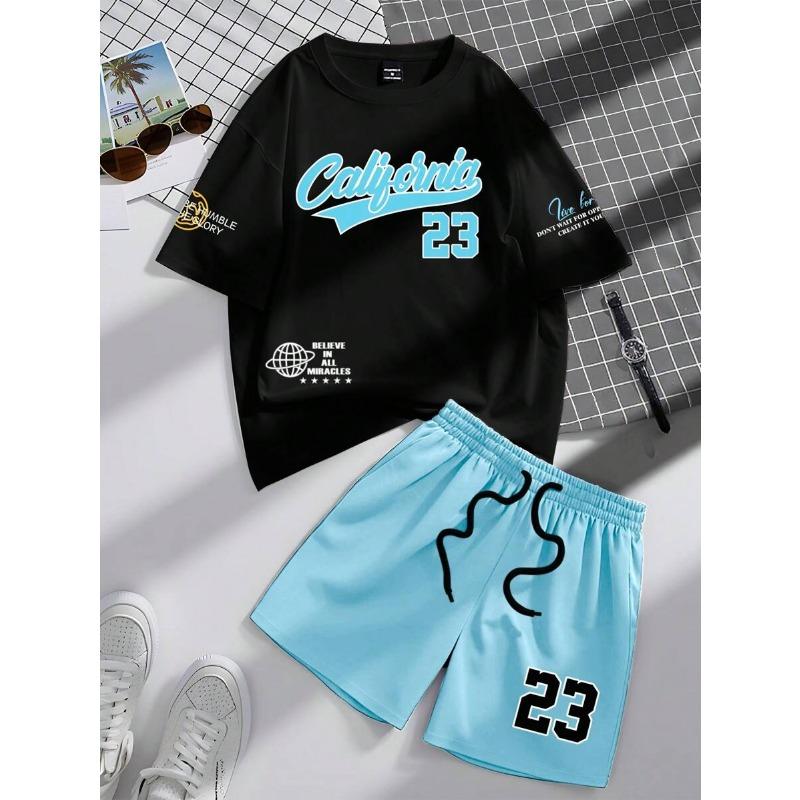 2026 New Summer Men s California letters Print T-Shirt And Shorts Set Loose Simple Fashion Sportswear Casual Two Piece Outfit For Adult Men S