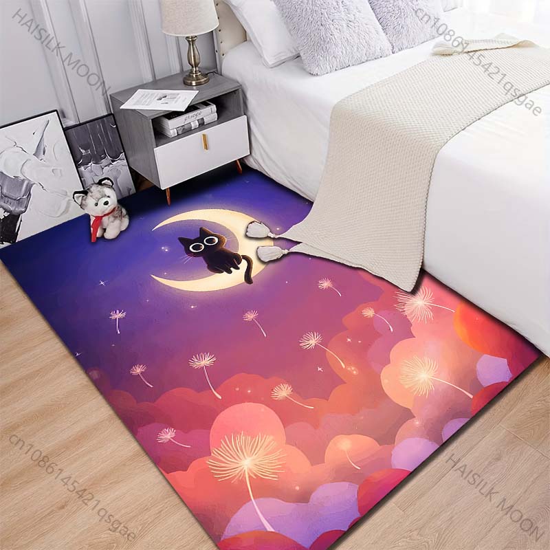 New Product Black Cat On Crescent Moon Carpet for Living Room Bedroom Bedside Floor Mat Cloakroom Children Play Mat Area Rug