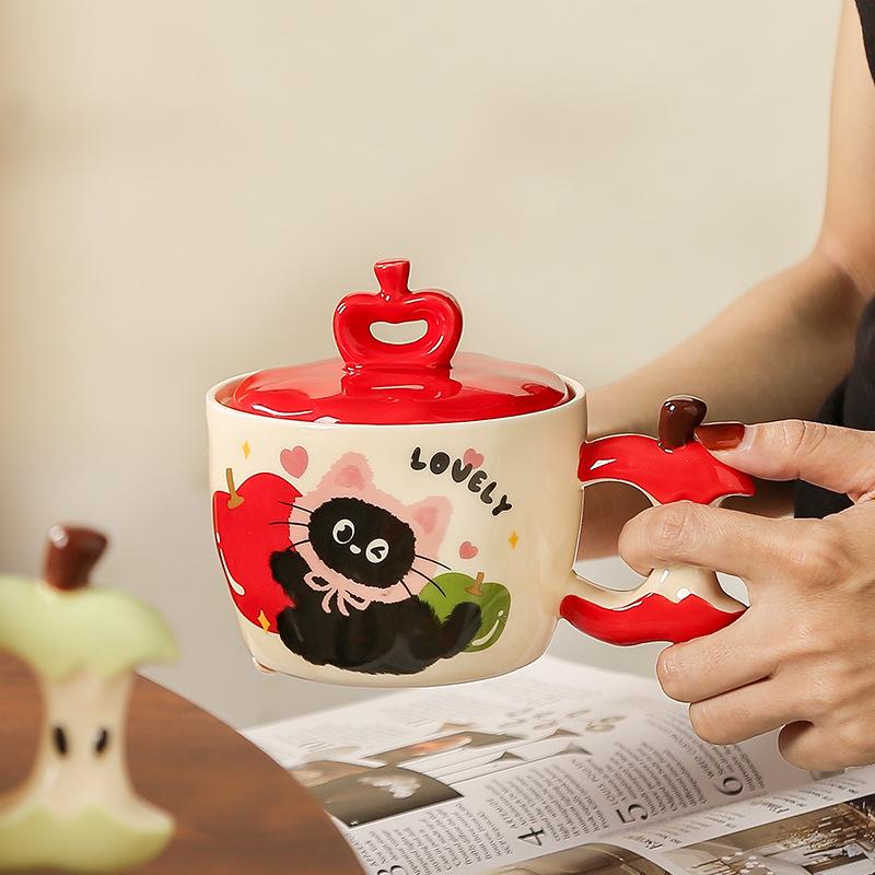 Jablečná kočka s víčkem Roztomilý kreslený Vysoká hodnota Velká kapacita Keramický hrnek Malý dárek Sada hrnků
