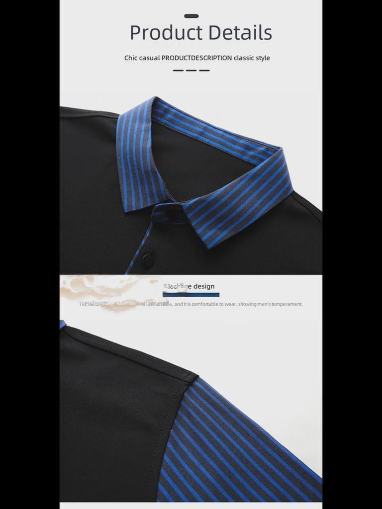 Men's Plush Collar Business Shirt, Fake Two-Piece with Striped Base, Ideal for Middle-Aged and Young Men.