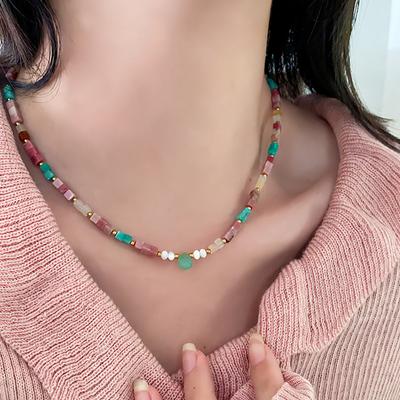 Natural Stone Necklace, Dopamine Women'S High-End Accessories, Water Drop-Shaped Red Stone Beaded Dongling Jade Collarbone Chain.