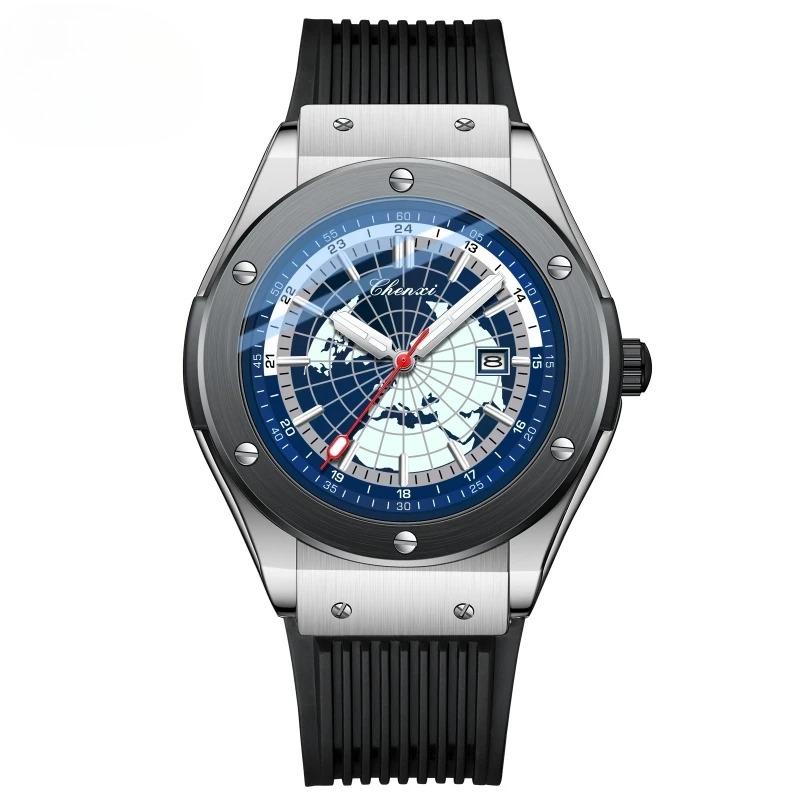 

82442 Casual Quartz Watches for Men Brand World Map Date Silicone Waterproof Sports Male Clock Luxury Fashion Wrist Watch чорний