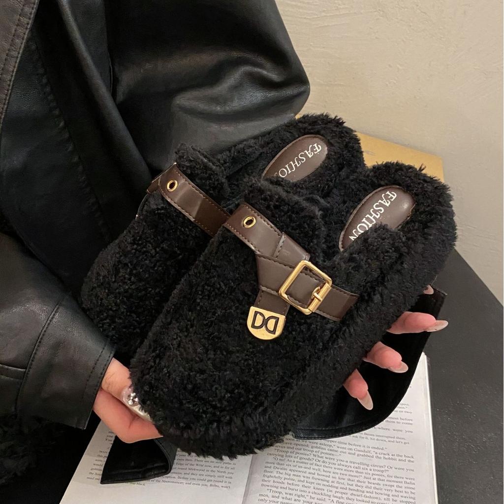 2025 Autumn and Winter New Fashion Fluffy Suede Cotton Slippers Women's Outer Slippers Thick Bottom Solid Color Foot Warm Cotton Slippers