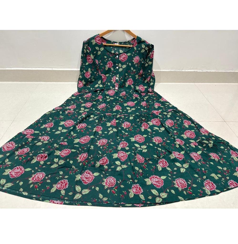 Women Designer Printed Cotton Midi Gown Kurta Party Wear Top Tunic Kurti Dress