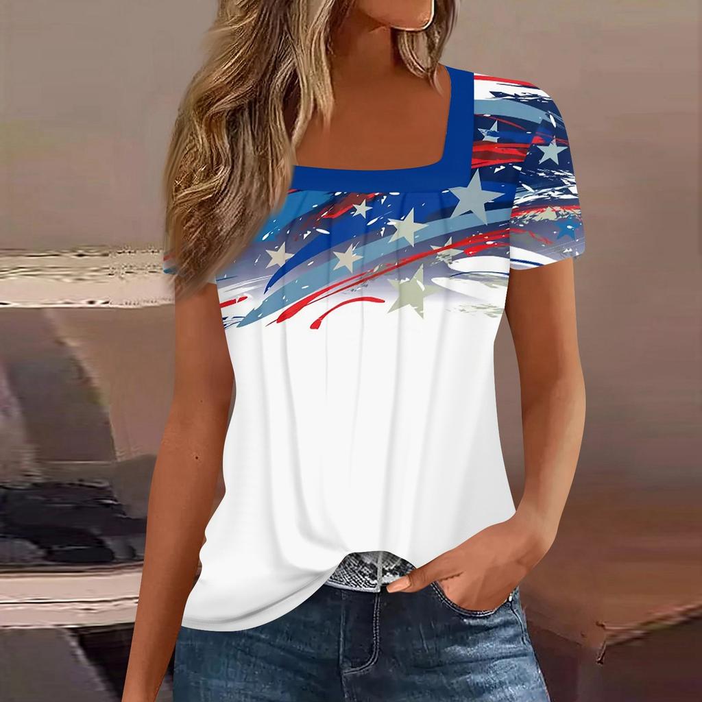 Womens Tops Casual Summer Independence Day Print T Shirts Short Sleeve Square Neck Basic Tee
