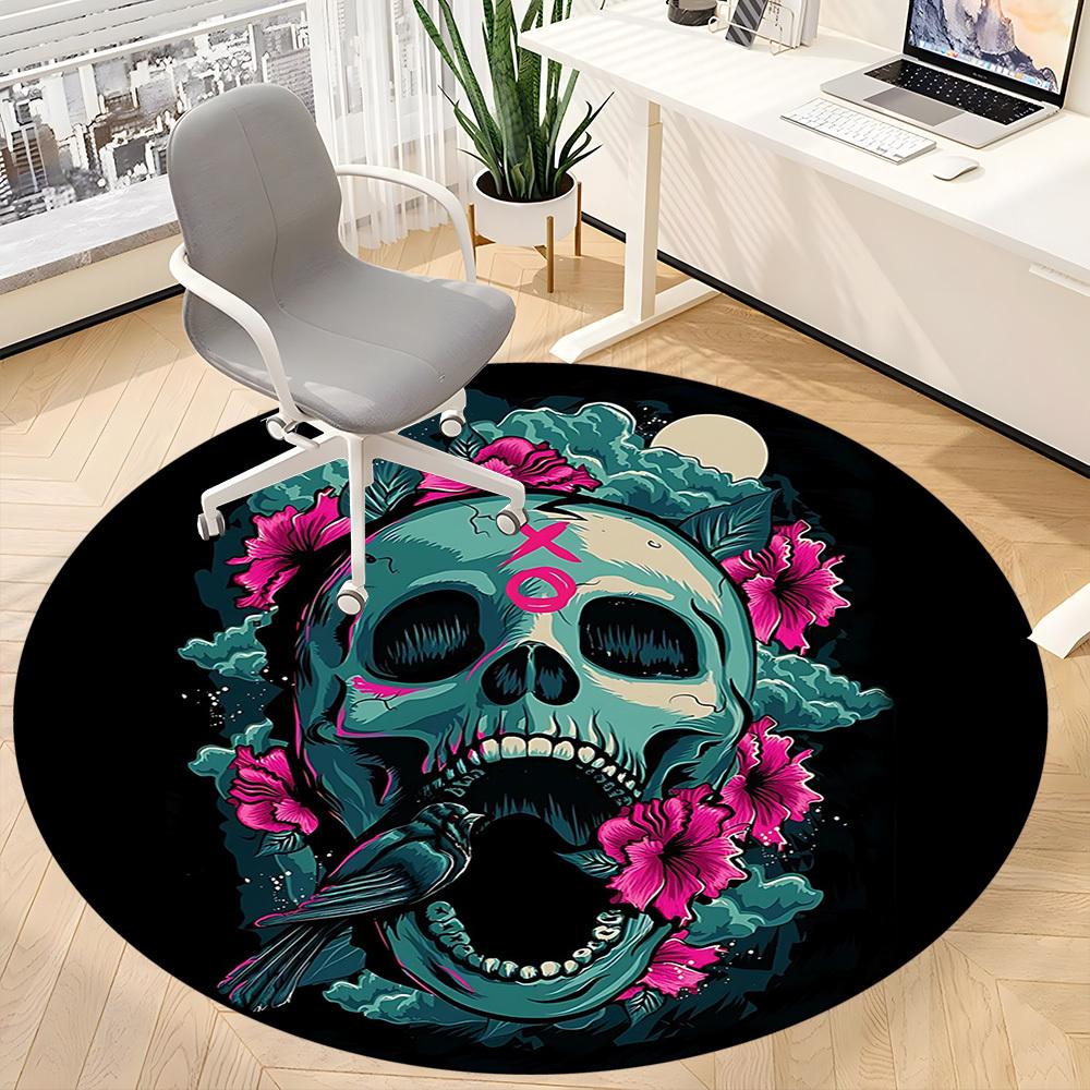1pc Skull Flowers Office Round Area Rug, Indoor Mat Suitable For Office, Under Office Chairs Bedroom Living Room Home Decor, Room Deco