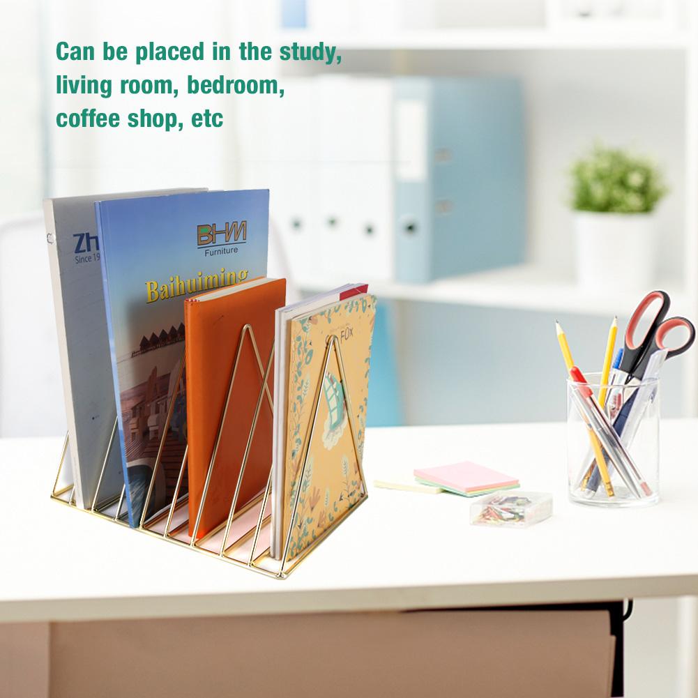 Multifunctional  Iron Triangle Desktop Bookshelf Books Magazines Rack Holder Gold