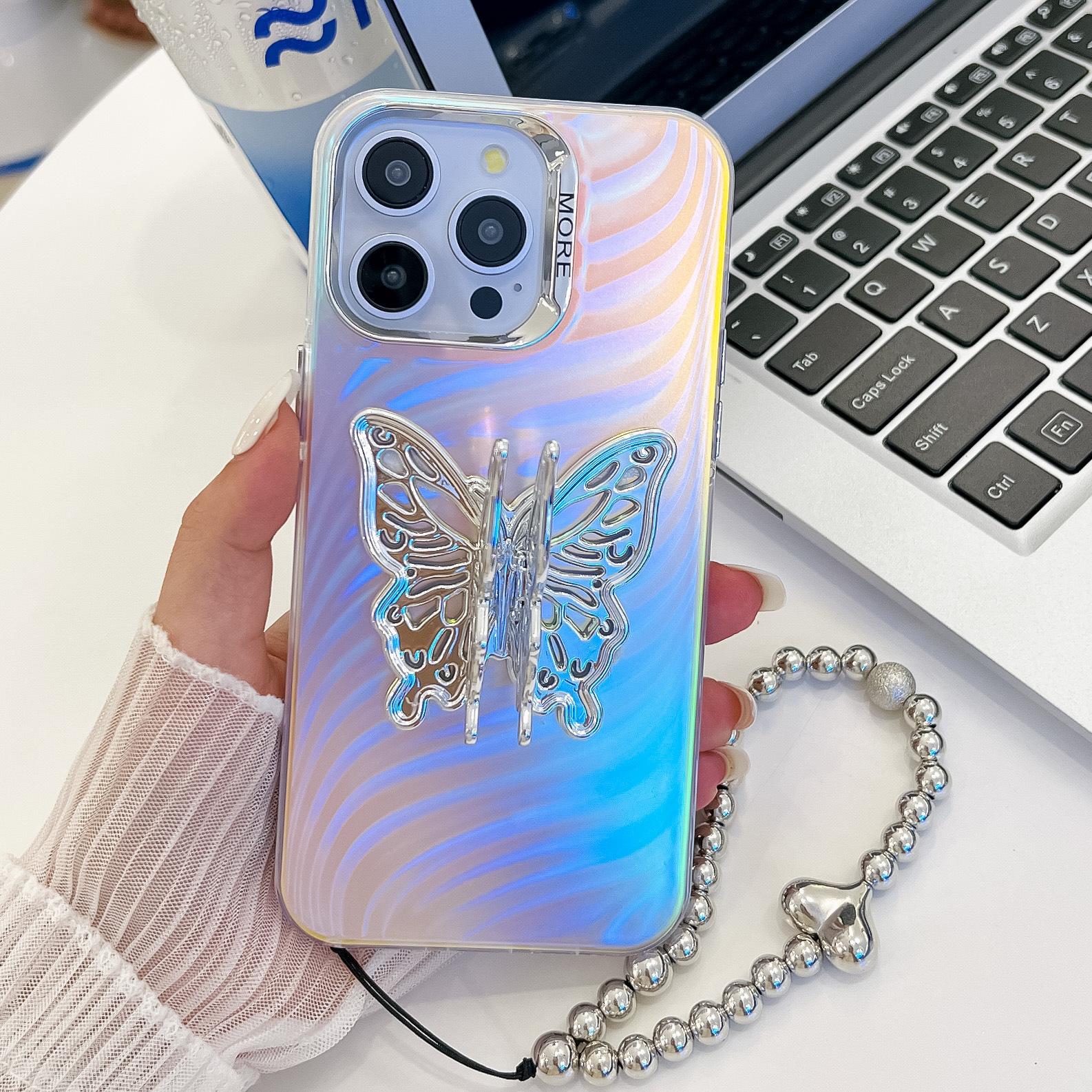 

For Apple 16E Three-dimensional Butterfly Stand Electroplated Laser for IPhone15promax Bracelet Mobile Phone Case For iPhone13Promax
