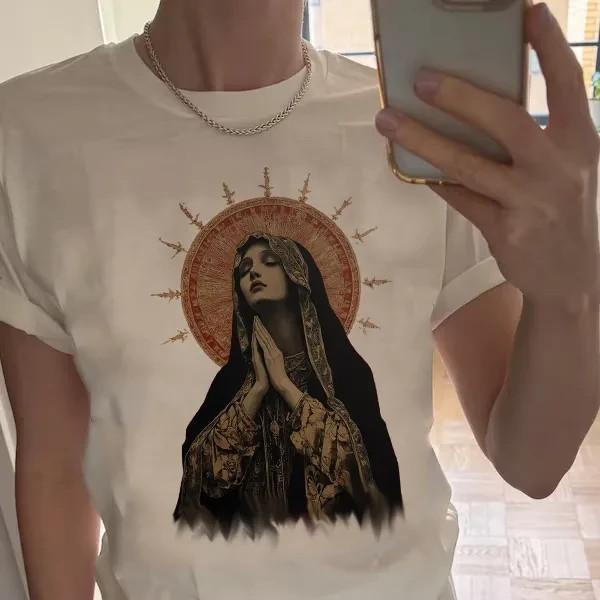 Virgin Mary T-Shirt Religious Graphic Tee Gothic Vintage Madonna Top S