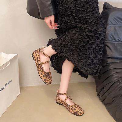 Chaussures pour Femmes 2025 Sangle à Boucle Ballerines pour Femmes Nouvel Imprimé Léopard Robe Bout Carré Léger Meilleure Vente Talons Bas Plats