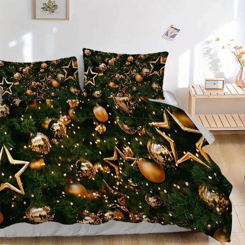 3pcs Christmas Tree Decorations with Gold Ornaments and Stars Bedding Set - Festive Holiday Gift for Home Decoration (Includes One Quilt Cover and Two