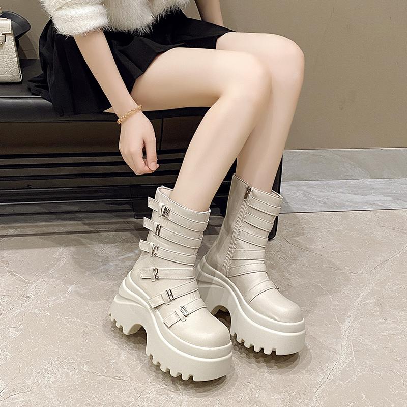 Modă Femei Cizme Punk Platformă Înaltă 9.5CM Pantofi de Exterior din Piele Noi Toamnă Iarnă Cizme Metalice Până la Mijlocul Gambei Tocuri Ascunse Cizme Moto