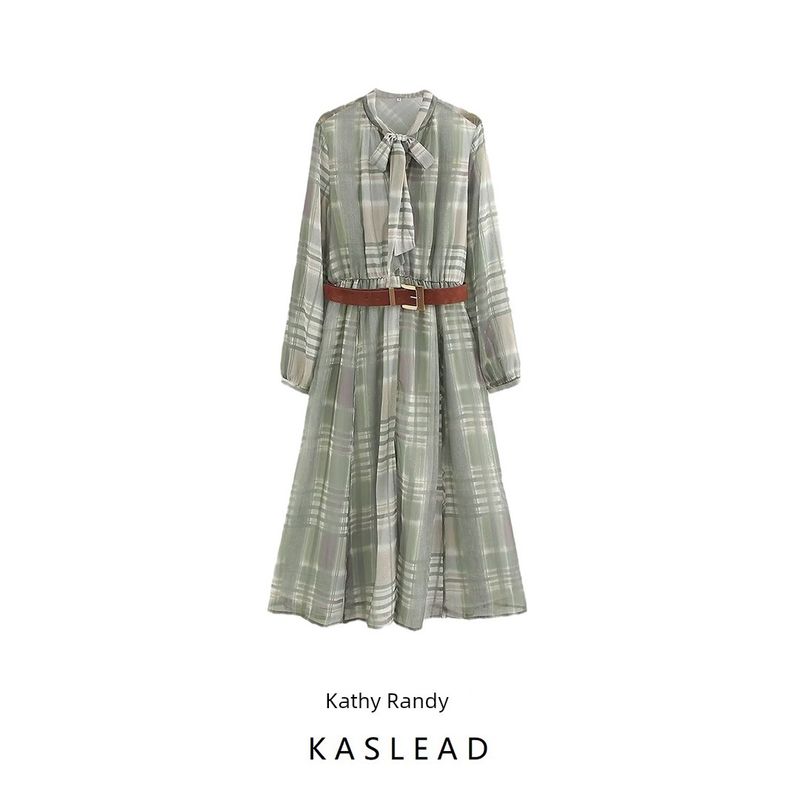 Kaslead New Arrival Women's Clothing Fashion Style Fashion Minimalist with Belt Printed Checks Midi Dress