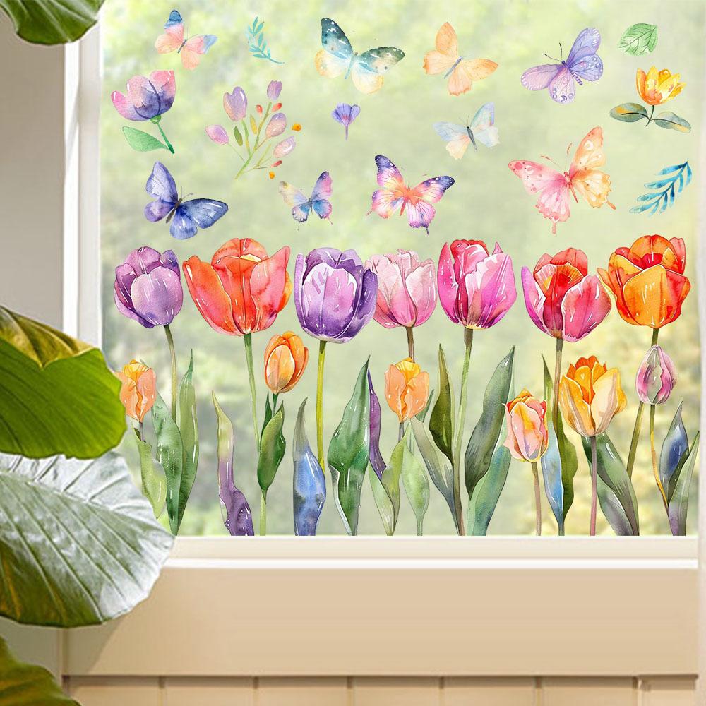 Spring Tulip and Butterfly Floral Pattern Window Stickers Static Cling Decals for Living Room Glass Doors and Windows Decoration