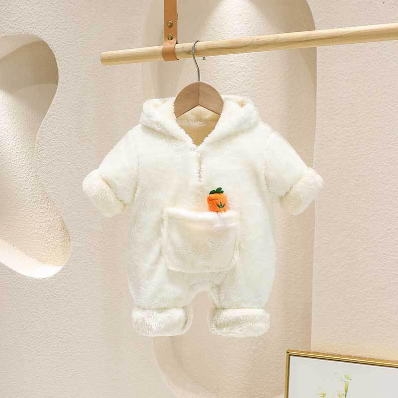 Adorable Korean-Style Velvet Hooded Baby Crawling Suit for Autumn and Winter
