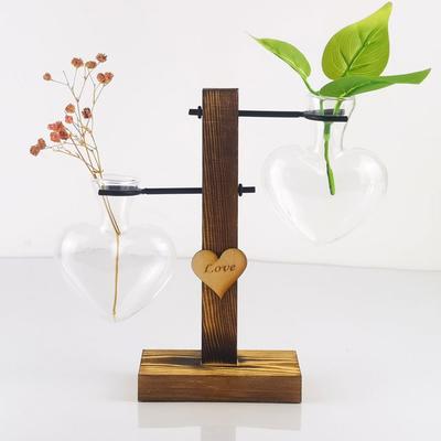 Hydroponische Blumenvase Holzrahmen Blumentopf Herzform Klarglasvase Tischpflanze Heimdekoration