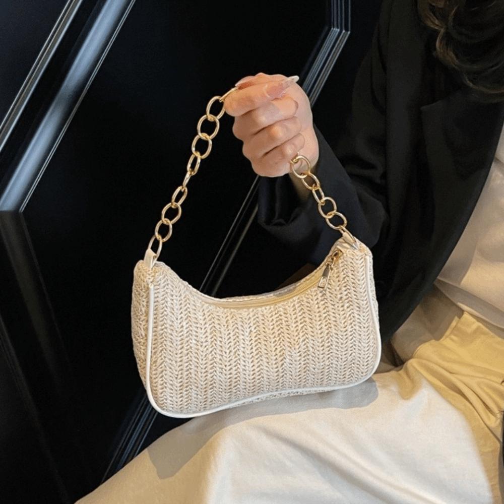 Square Weave Underarm Bag Zipper Clutch Bag Portable Beach Handbag Outdoor