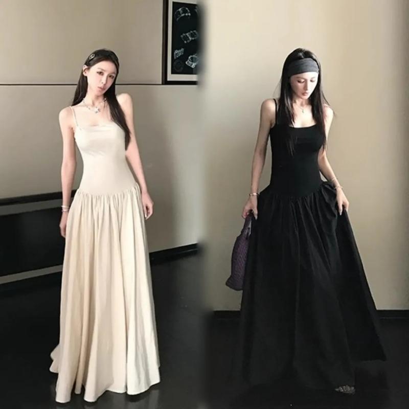 Ärmelloses Maxikleid für Damen Quadratischer Ausschnitt Raffung an der Taille A-Linie Fließendes Langes Kleid