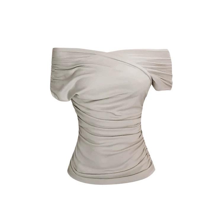 Spice Girl Irregularly Folded One-word Collar Top Women's Summer Design Sense Waist Skinny Shoulder Short Sleeve T-Shirt Women