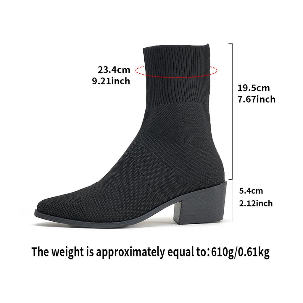 Single boot elastic thick heel slim boots knitted socks boots black square toe high heels short boots for women