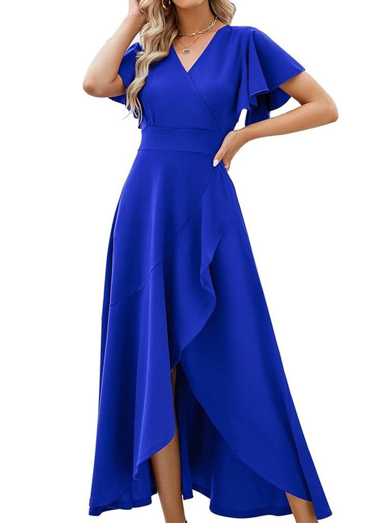 Women's lotus leaf sleeve V-neck temperament elegant evening dress European and American spring and summer waist dress
