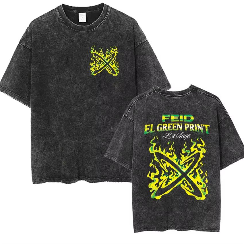 Mens Tshirt Retro Washed Feid Vs Ferxxo Tour Logo Merch T Shirts Mens Gothic Fashion Cotton Tee Hip Hop Streetwear