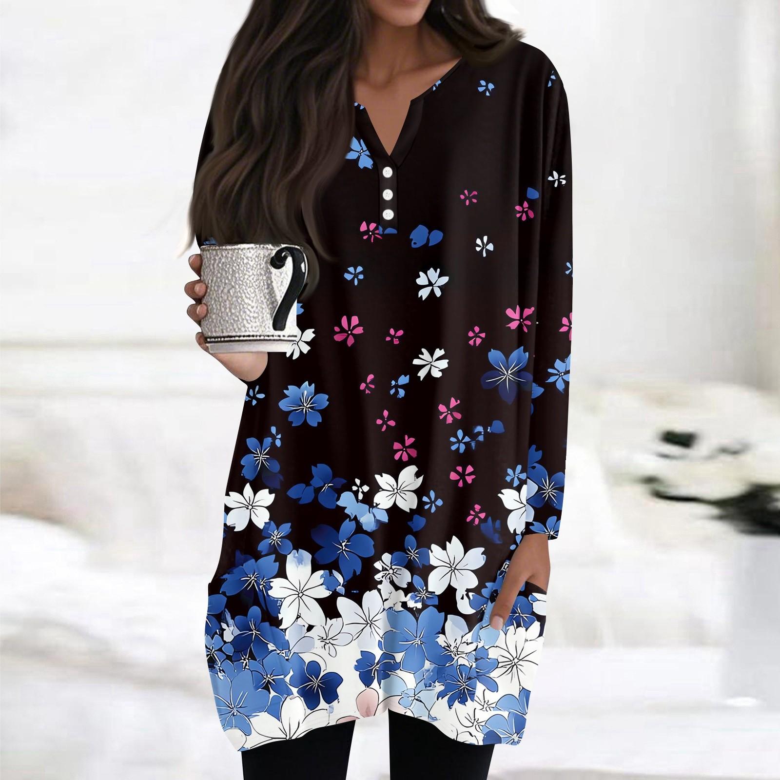 

Womens Tops V-neck Button Long Sleeve Blouses Casual Mid-length Shirts Fashion Print Tunic Tops With Pockets XXL синій
