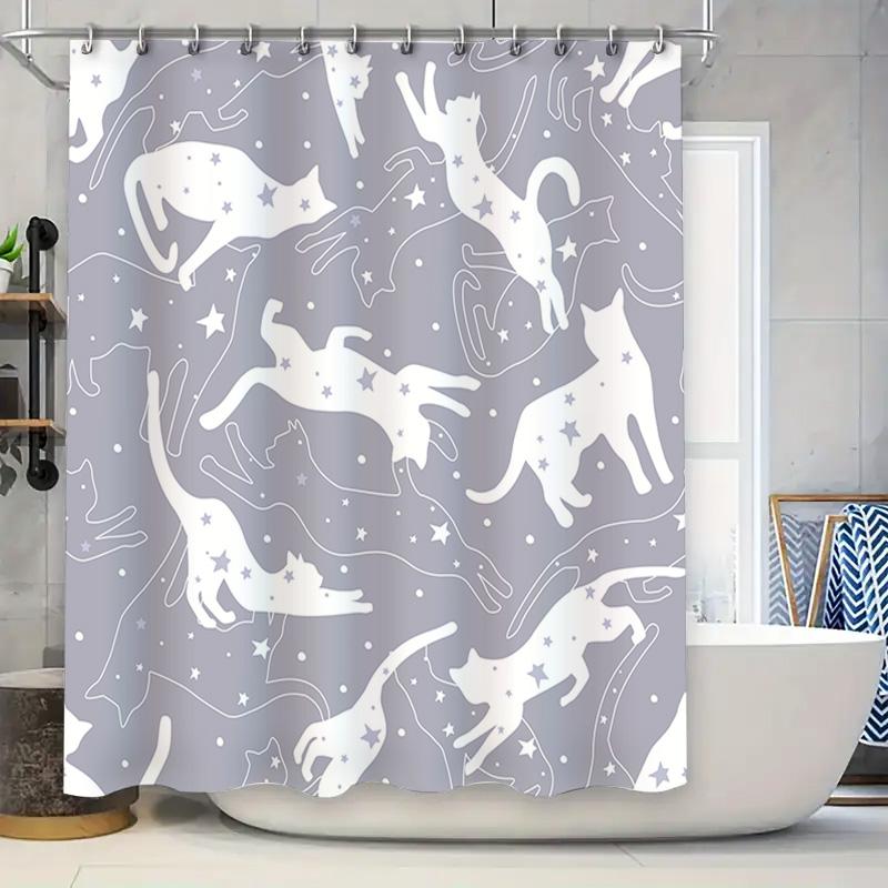 White Cats Shower Curtain with Starry Sky Pattern Polyester Fabric Waterproof Bath Rug Decor 90x180cm