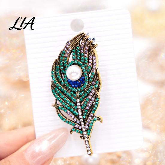 Metal Lapel Pin Vintage Peacock Feather Brooch, Faux Pearl Rhinstone Pin, Clothing Jewelry Accessories for Wedding Party Prom Rhinestone Dress