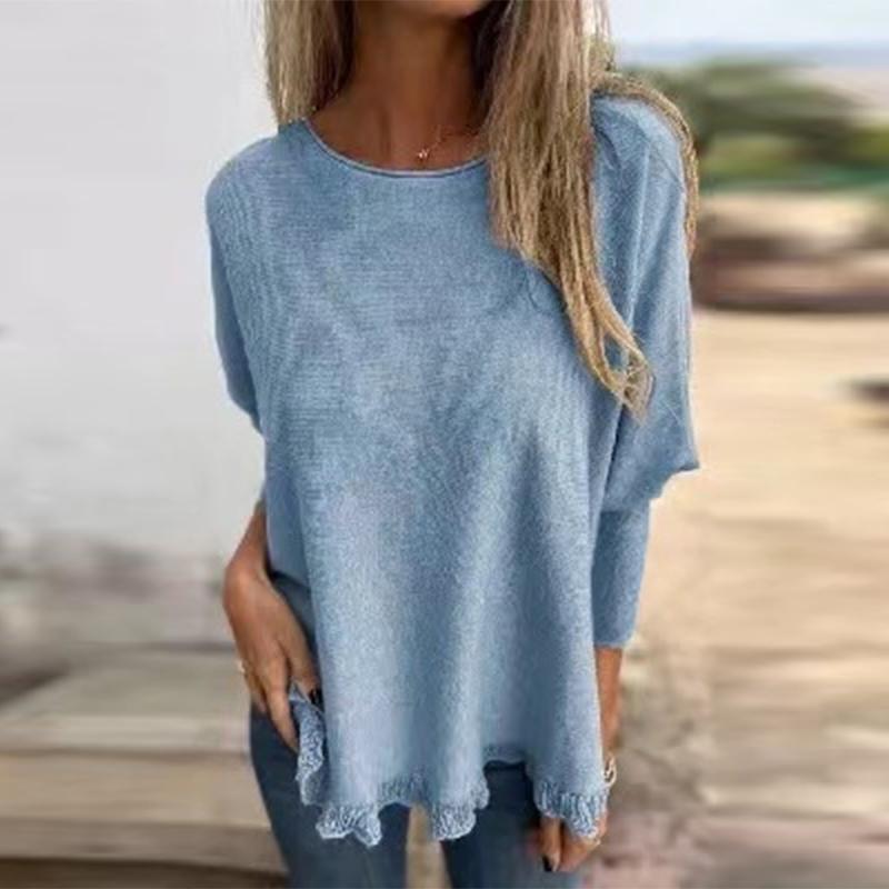 Jesienno-zimowa luźna bluzka z długim rękawem z koronką Mulle i dzianinowym dołem