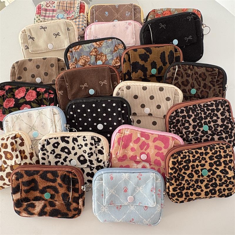 New Flower Dot Bow Print Color Coin Purse Square Hasp Zipper Corduroy Money Card Lipstick Wallet Portable Mini Card Holder Wallet