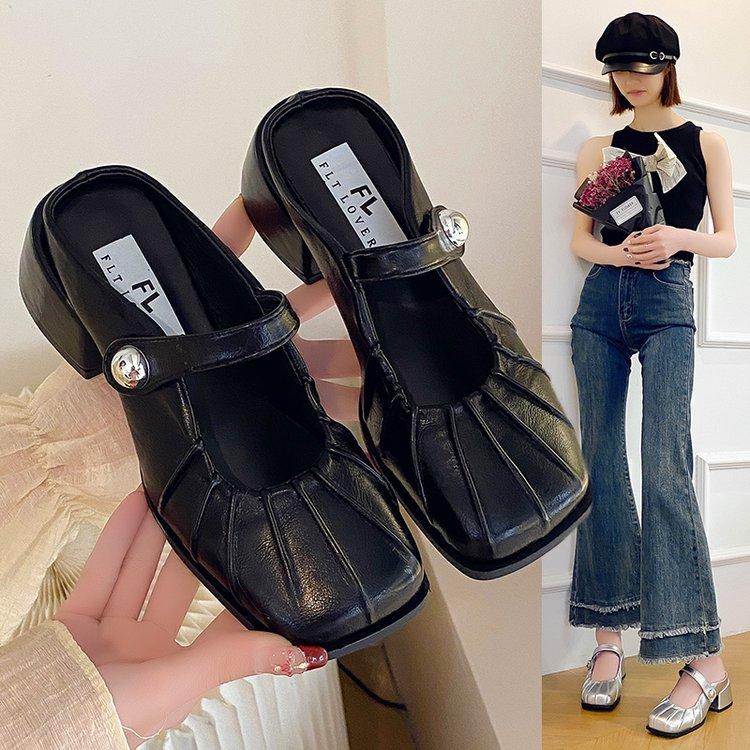 French high-end silver bag head half slippers women's outer wear 2025 spring and summer new lazy one-pedal thick-heeled single shoes