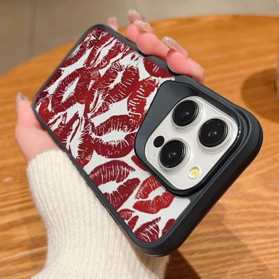 High Transparent Acrylic Shockproof Case for iPhone 16 Plus 15 14 13 Pro Max Dark Red Kiss Lips Pattern Plain Color Soft Edges Slim Hard Case Cover