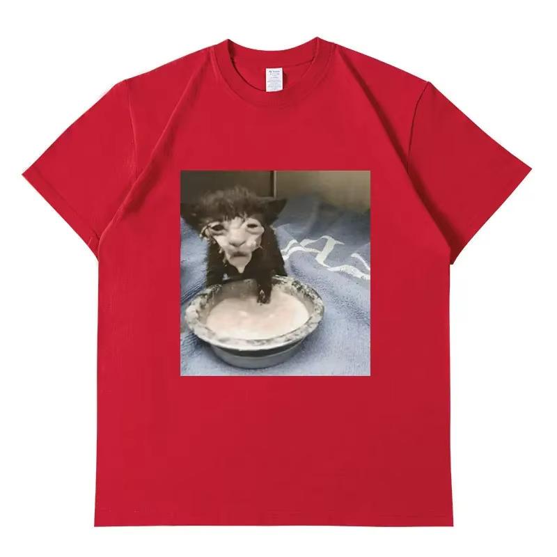 2025 Summe Milk Face Cat Meme Print T Shirt Weird Humor Funny Cat Graphic Mens Women Fashion 100 Pure Cotton Printed Tshirt