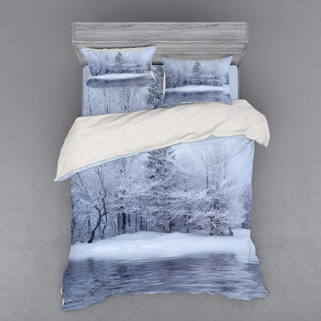 Frozen Lake Duvet Cover Sets for Teens Queen Lightweight Quilt Cover with 2 Pillowcase Winter Themed Bedding Sets No Comforter