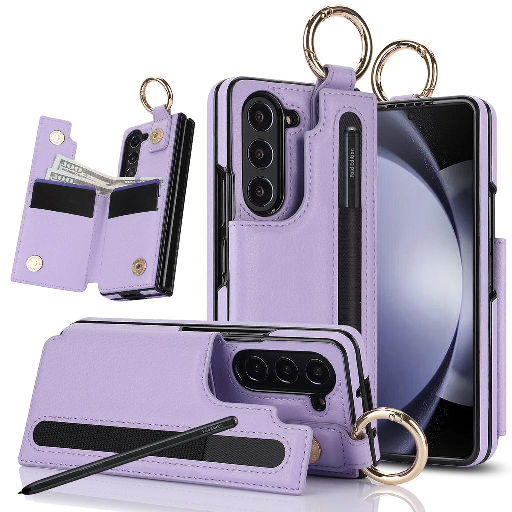 Fold7 Ring Leder Handyhülle für Samsung Galaxy Z Fold 7 6 5 4 3 Stifthalter Doppelschnalle Klapp-Kartenhalter Geldbörse Harte Abdeckung