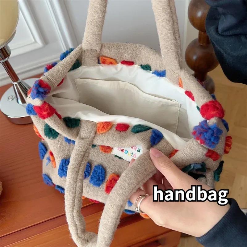 Color Plush Dots Women'S Bento Handbags Retro Design Female Fluffy Bucket Bags Large Capacity Shoulder Bag Purse Casual Tote