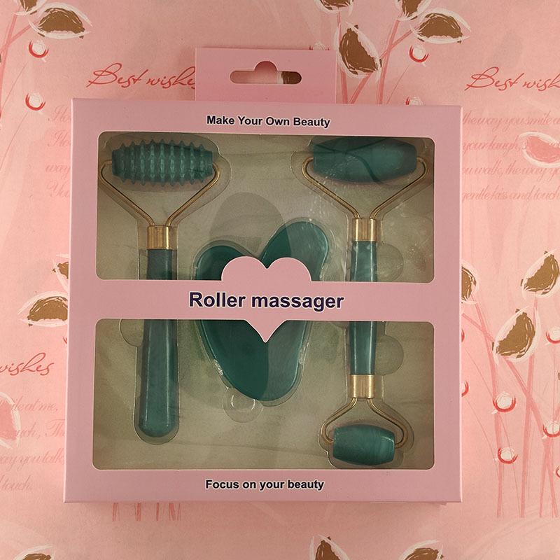 3-Piece Set: Imitation Jade & Rose Quartz Gua Sha Boards with Spiky Roller Facial Massager