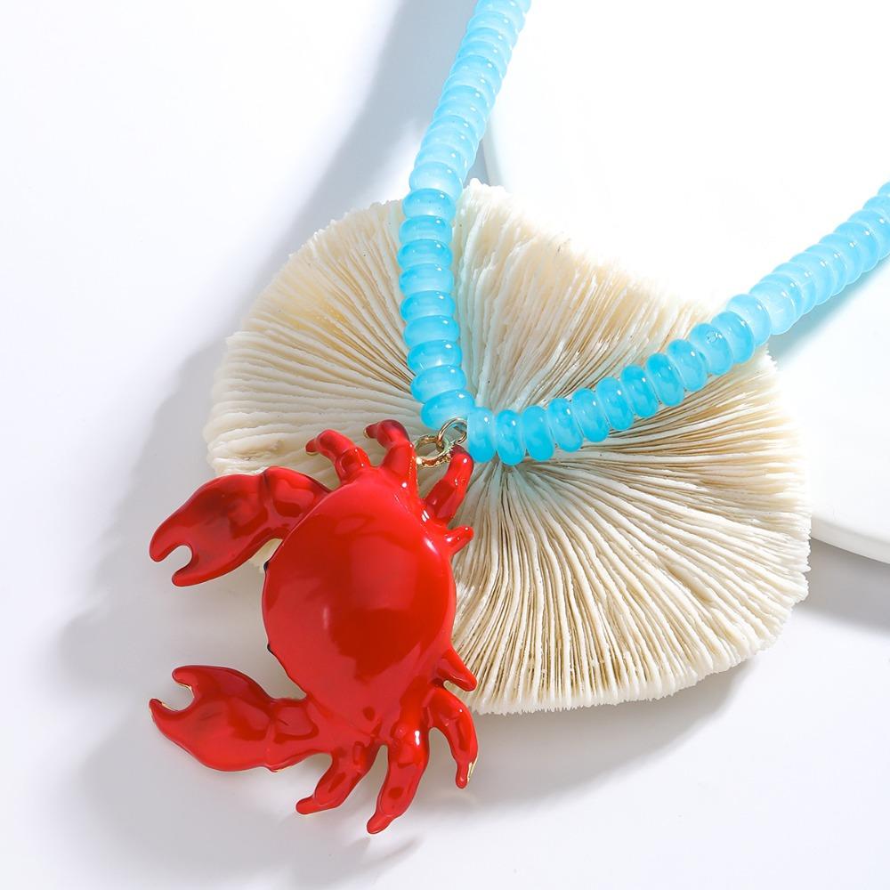 Handmade Crab Beaded Pendant Necklace Boho Ocean Style Neck Chain Jewelry Crab Necklace Holiday