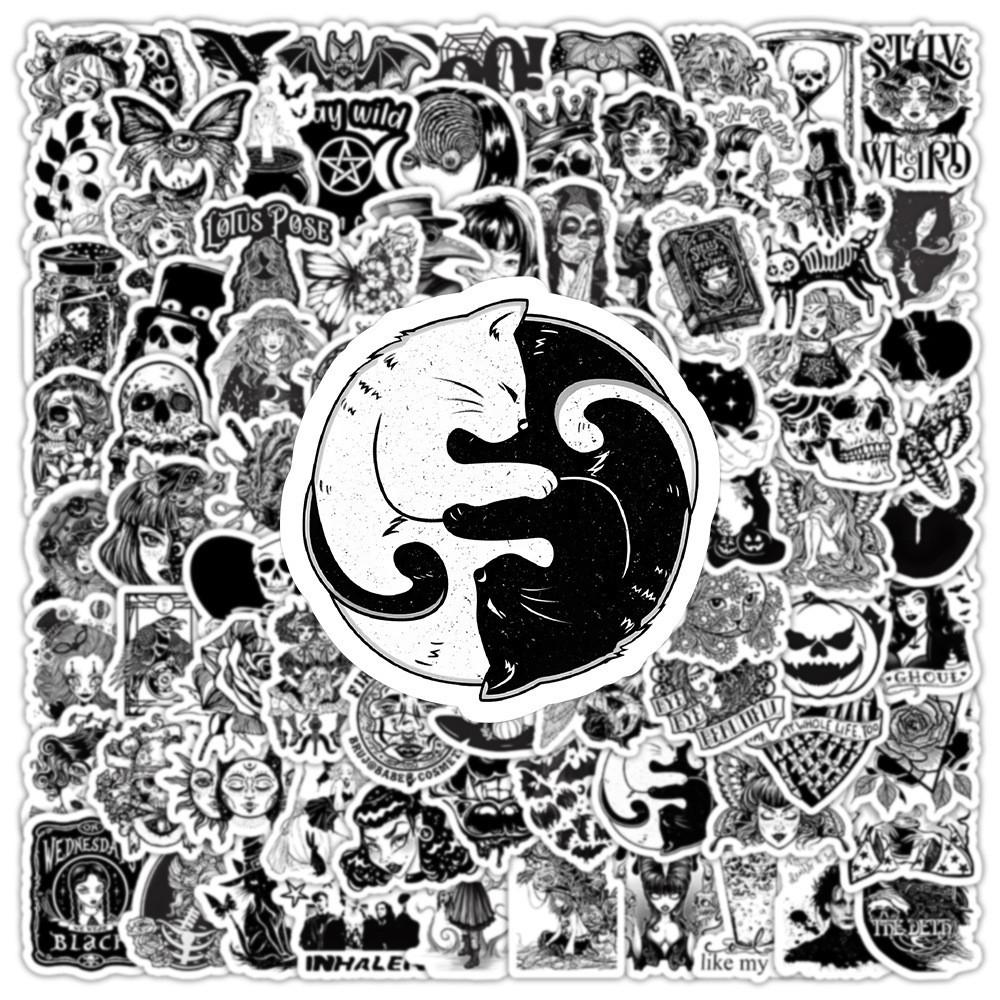 100Pcs Black And White Gothic Waterproof Graffiti Stickers For Helmet Bicycle Hand Account Pencil Case Decal Sticker Story Store