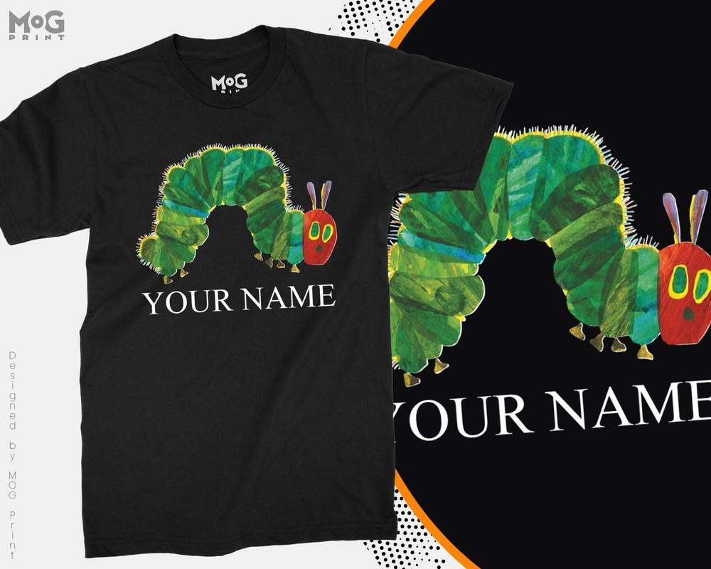 

Personalised Name Hungry Caterpillar T-shirt Doodle Custom Kids Tee Book Reading L