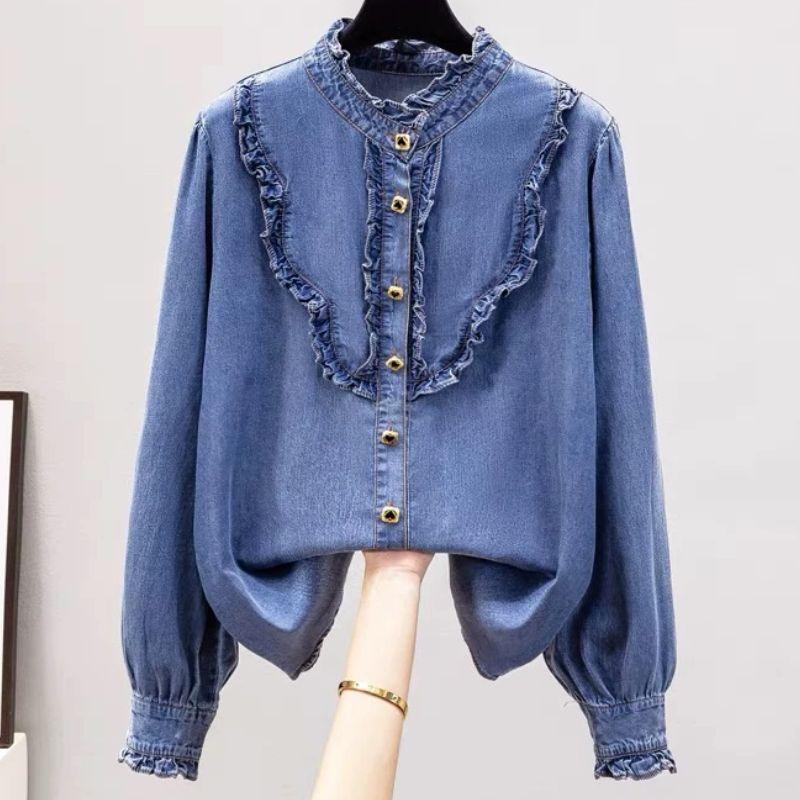 

C234 Высококачественная джинсовая рубашка из лиоцелла с рукавами-буфами во французском стиле, воротником с деревянными ушками и изящной драпировкой Dark blue M