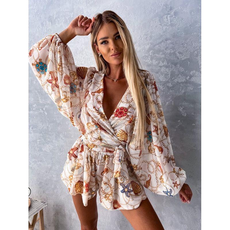 Sweet New V Neck Chain Floral Lace-up Jumpsuit