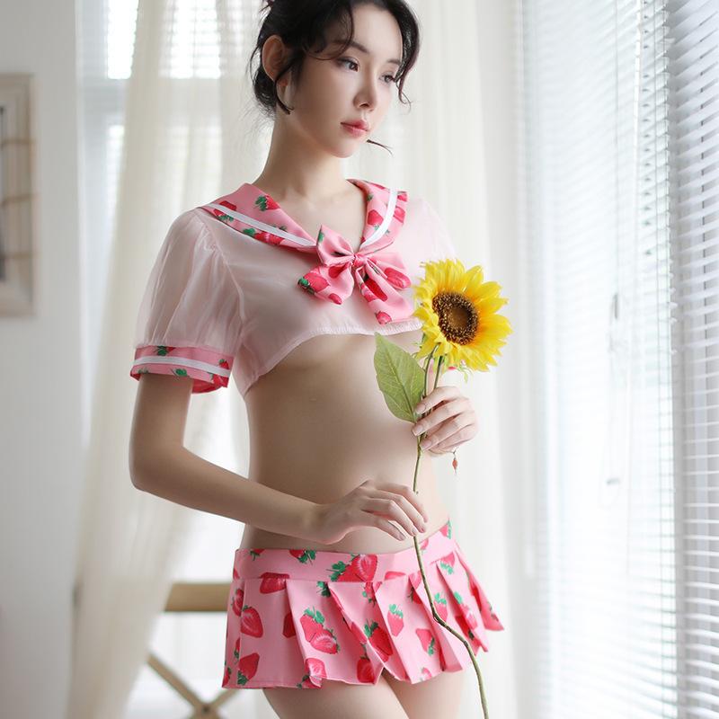 Sex lingerie sexy perspective ultra-short schoolgirl outfit seduction strawberry print sailor collar free suit