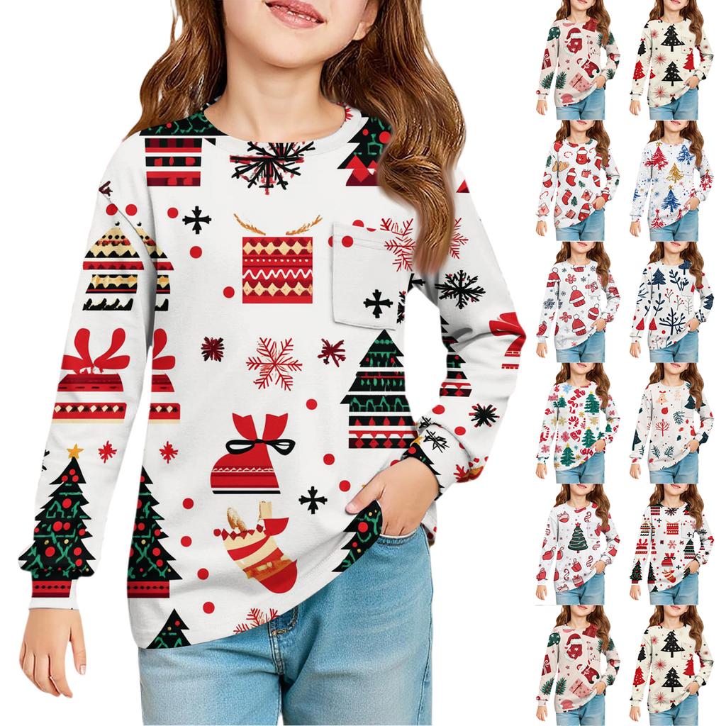 Christmas Day Girls' Long Sleeve Blouse - Round Neck Soft Waist Tunic