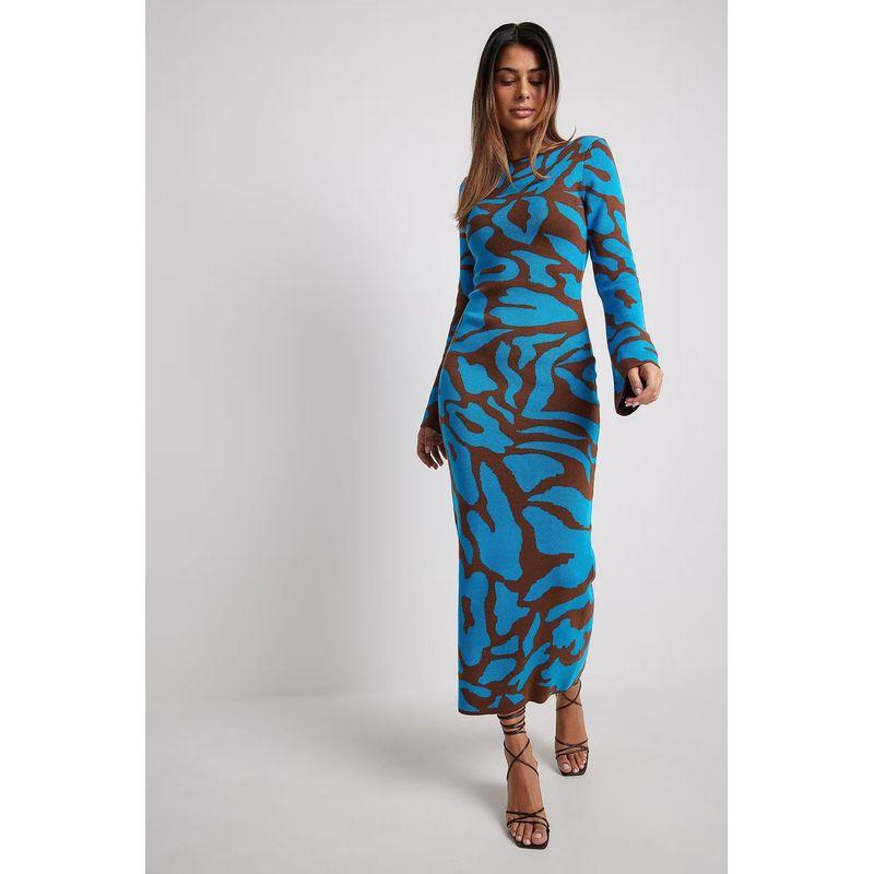 

Fashion Wind New Arrival Fashion Slim-Fit Flared Sleeves Stripes Knitting Dress Knitted Slim Fit Dress Blue Brown mixed pattern L